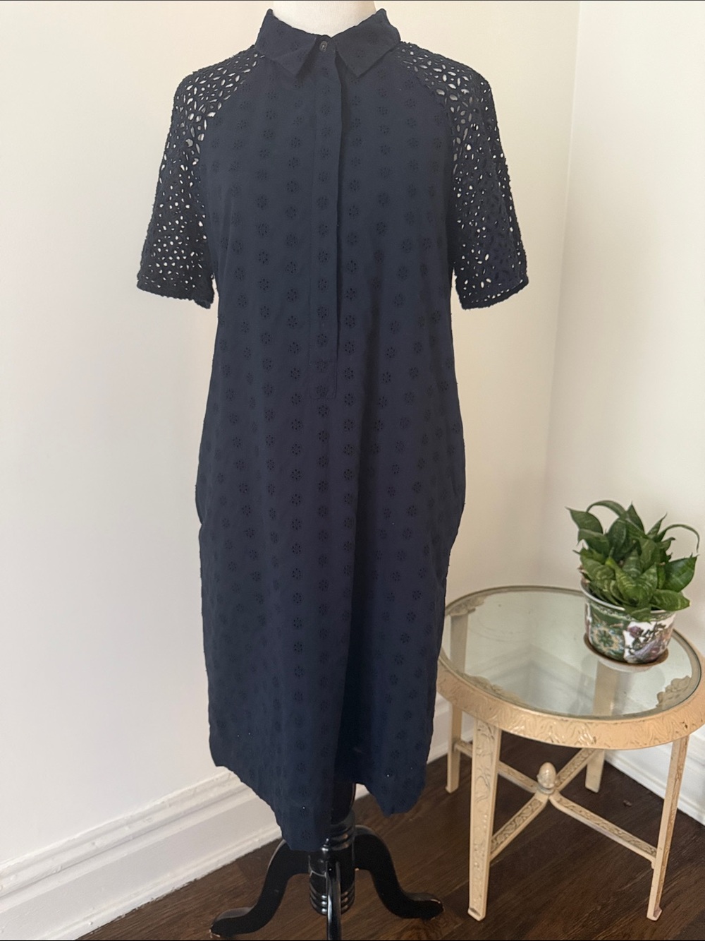 J Crew Navy Blue Eyelet Cotton Shirt Dress 8
